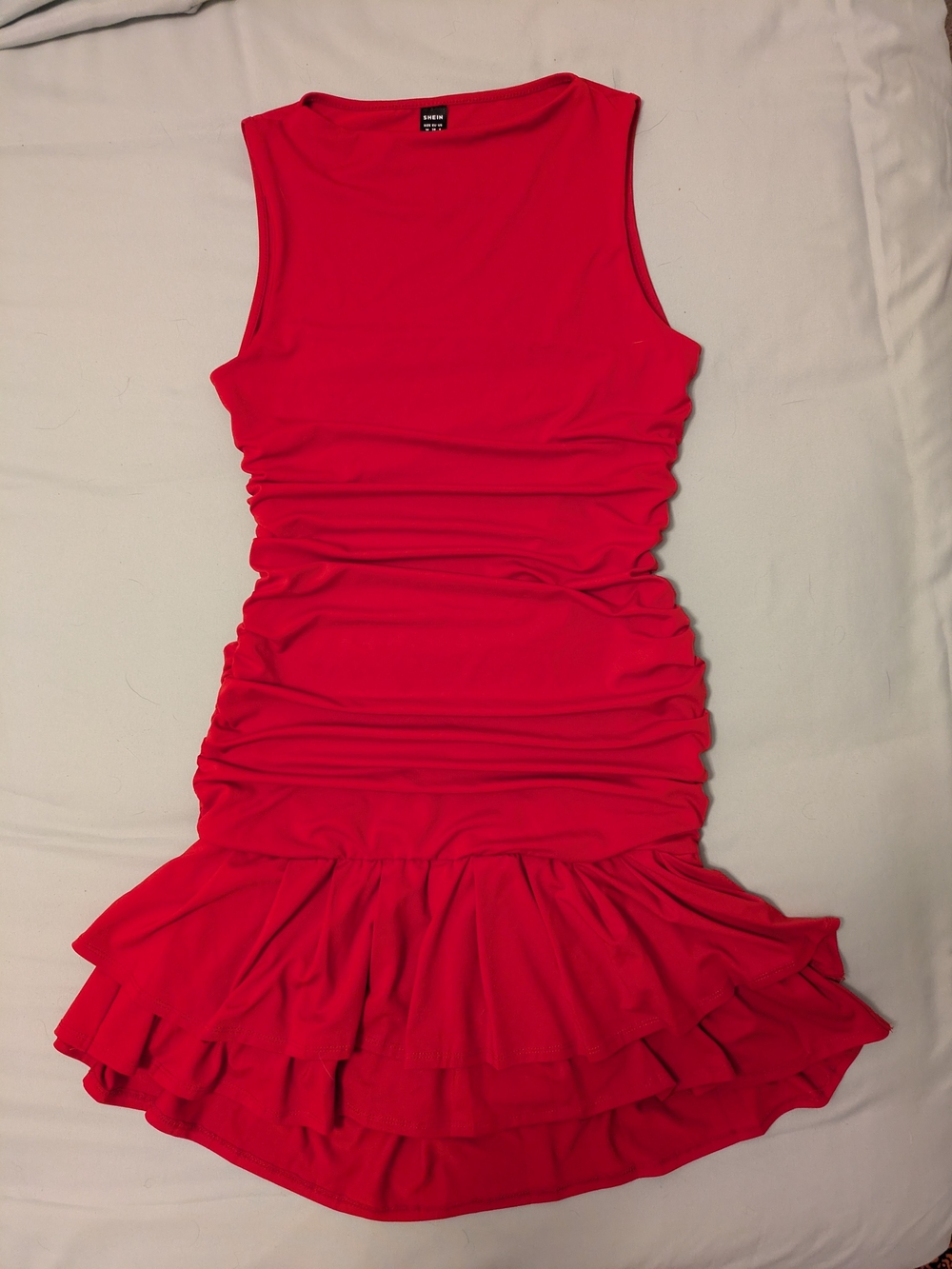 Red Ruched Bodycon Drop Waist Ruffle Mini Dress - Picture 2 of 7